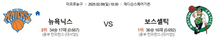 02.09(일) 10시 30분 NBA 뉴욕 닉스 보스턴 셀틱스 농구 매디슨스퀘어가든