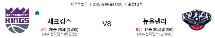 02.09(일) 12시 0분 NBA 새크라멘토 킹스 뉴올리언스 펠리컨스 농구 골든1센터