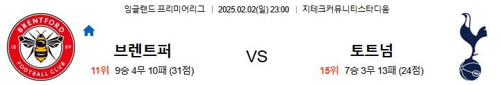 02.02(일) 23:00 프리미어리그 브렌트포드 토트넘 홋스퍼 축구 지테크커뮤니티스타디움